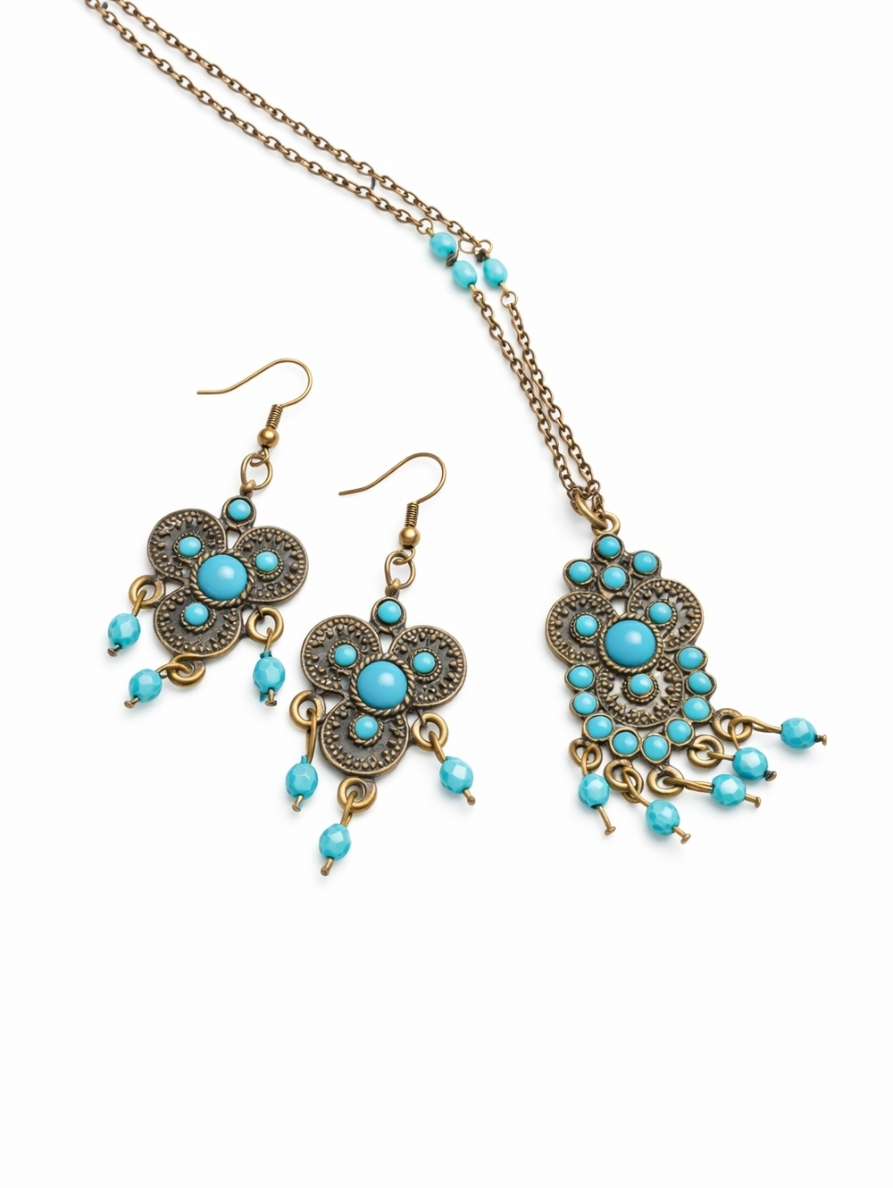 Boho Turquoise Jewelry Set Earrings Necklace Dangle Beach Festival Statement